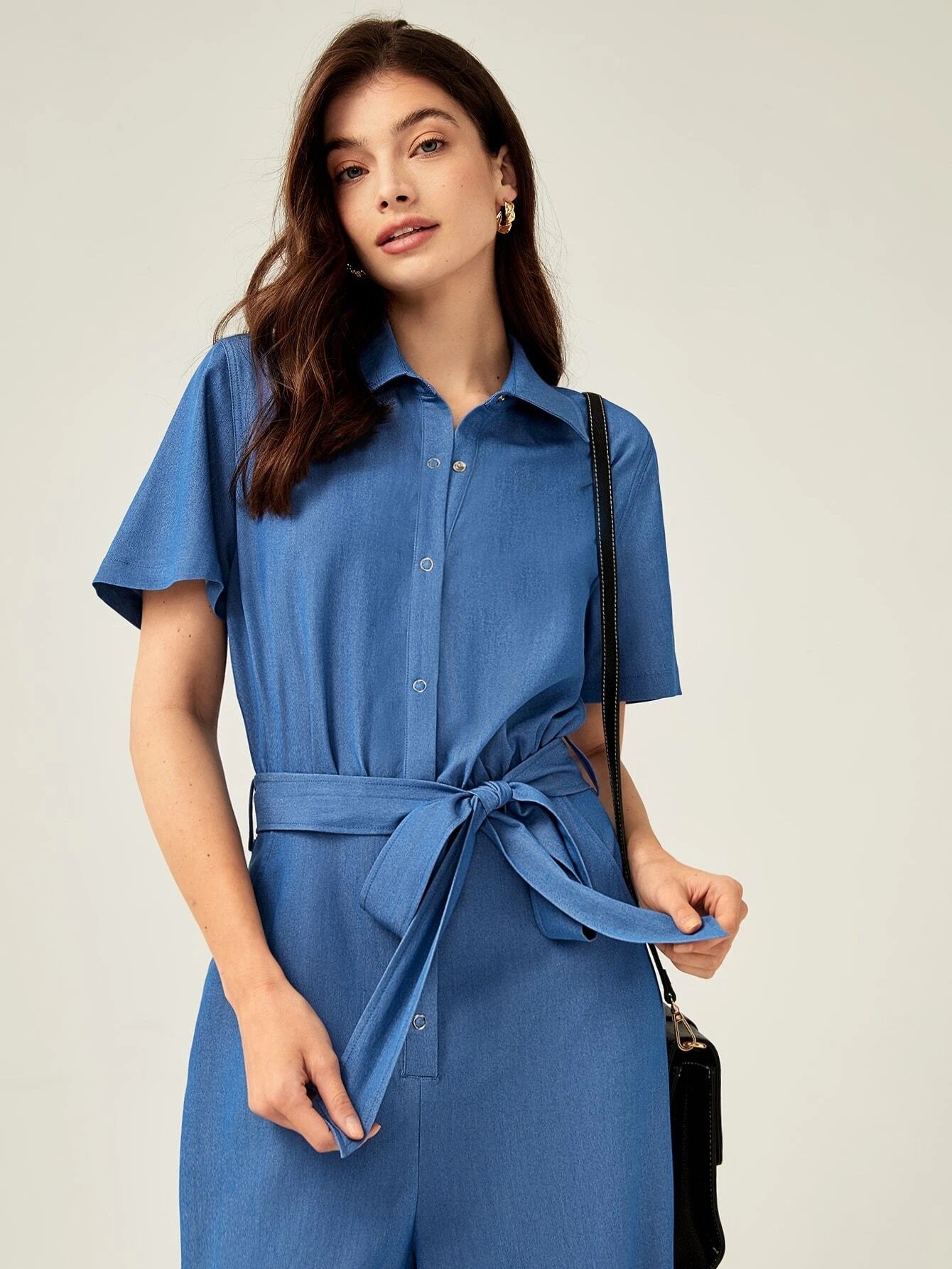 CM-JS779867 Women Elegant Seoul Style Short Sleeve Hidden Pocket Belted Jumpsuit - Blue