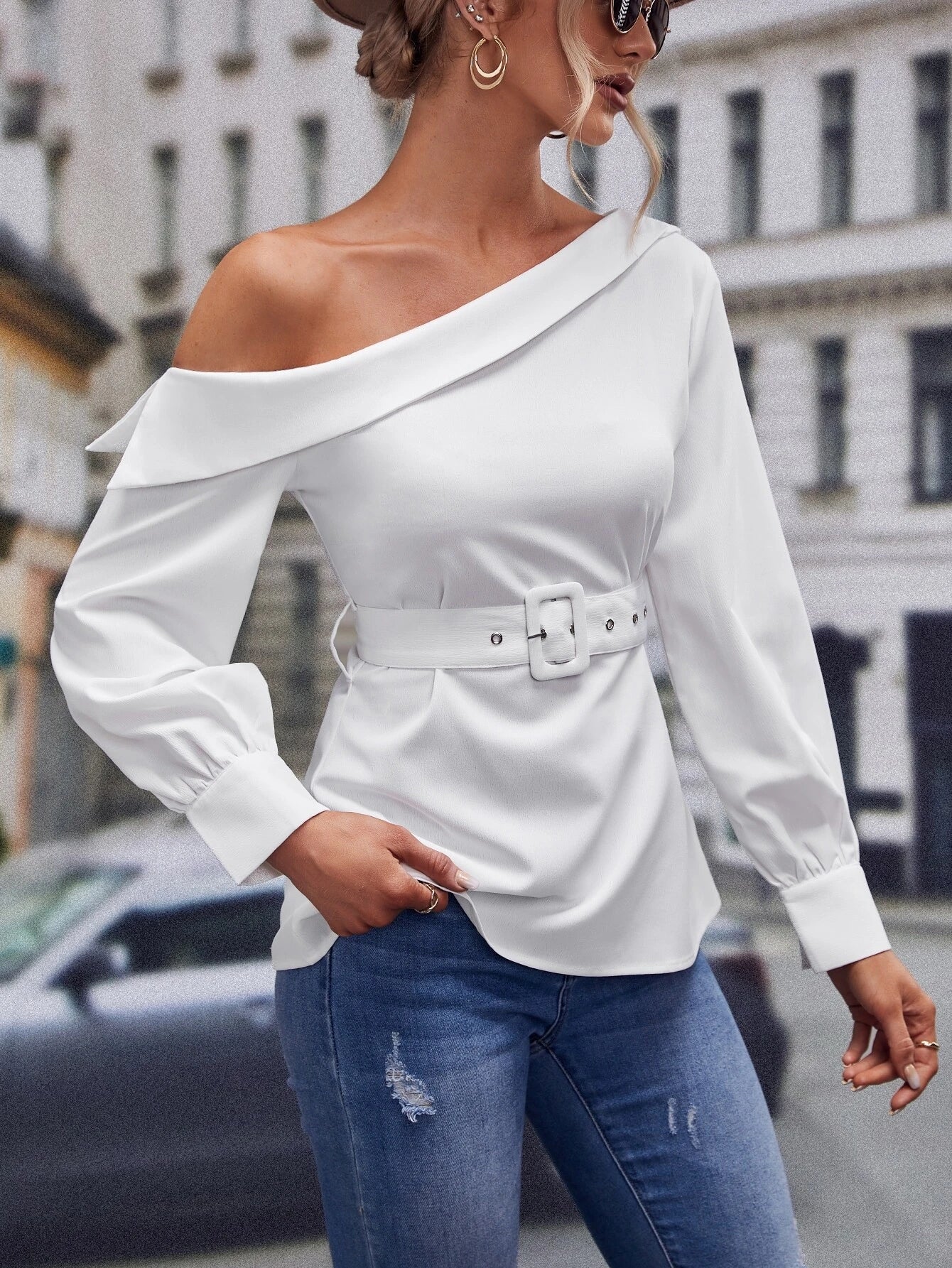 CM-TS268667 Women Elegant Seoul Style Asymmetrical Neck Belted Blouse - White