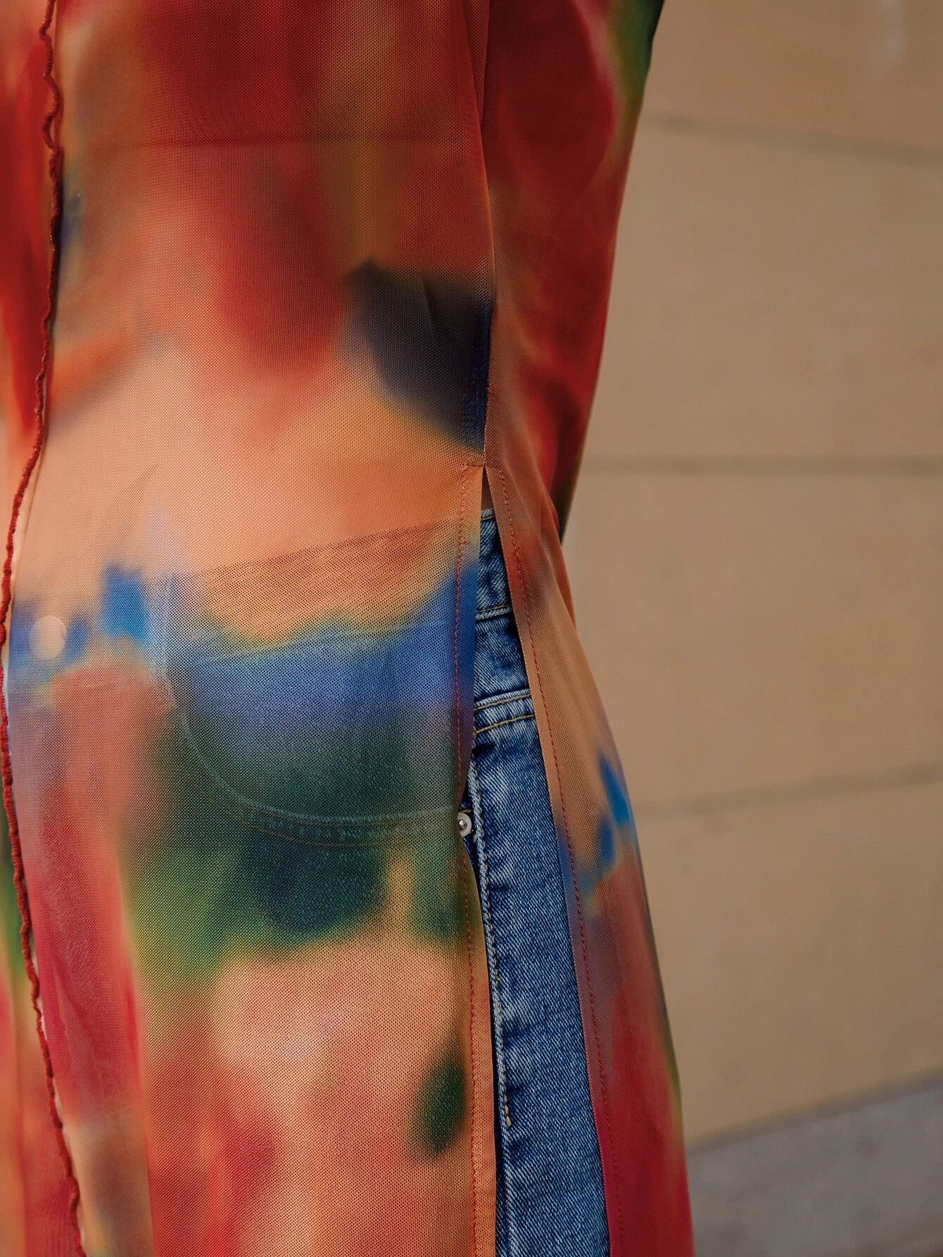 CM-TS133331 Women Casual Seoul Style Round Neck Tie Dye Split Thigh Longline Top