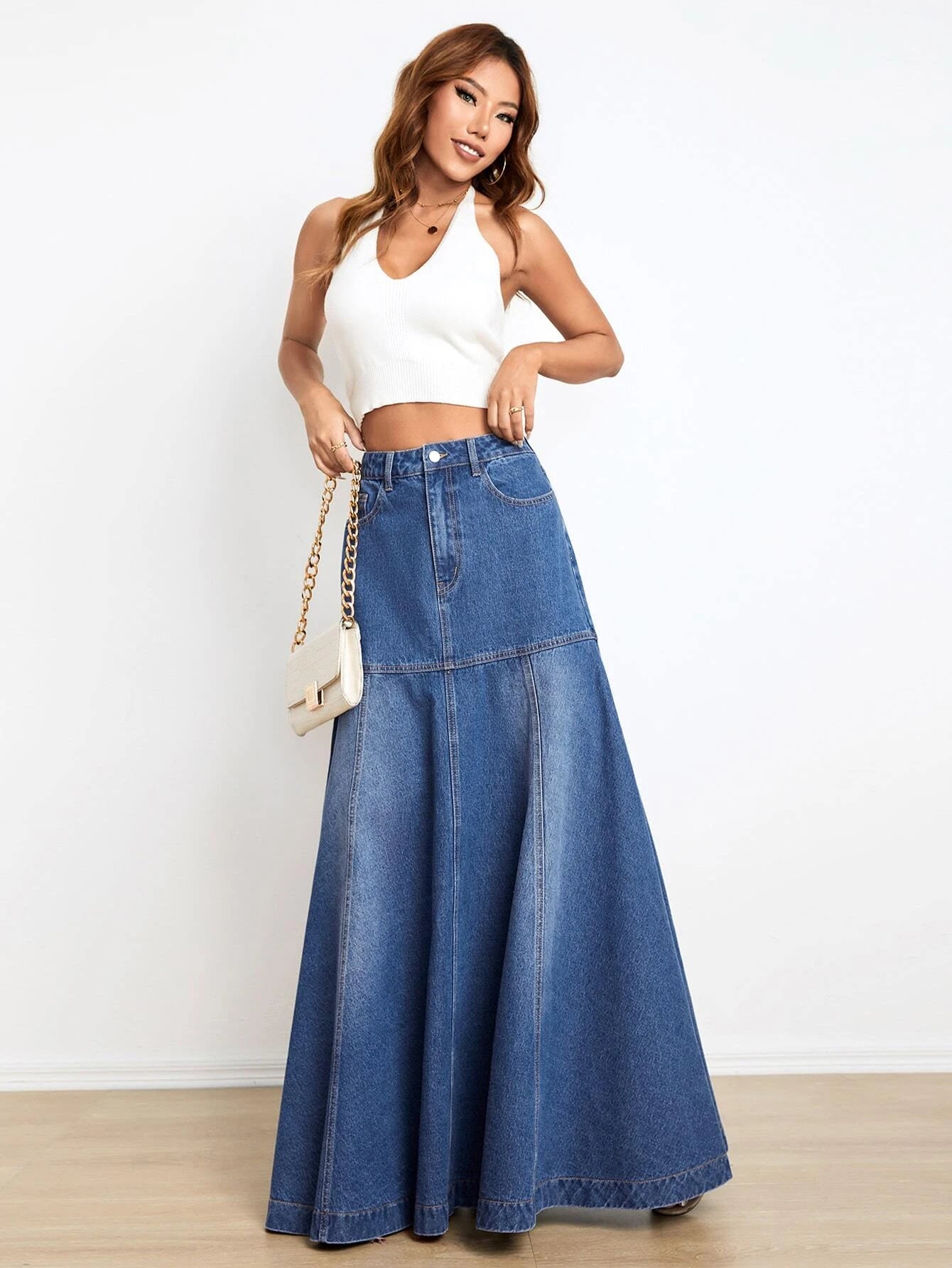 CM-BS798783 Women Preppy Seoul Style Medium Wash High Waist Washed Flare Hem Denim Skirt