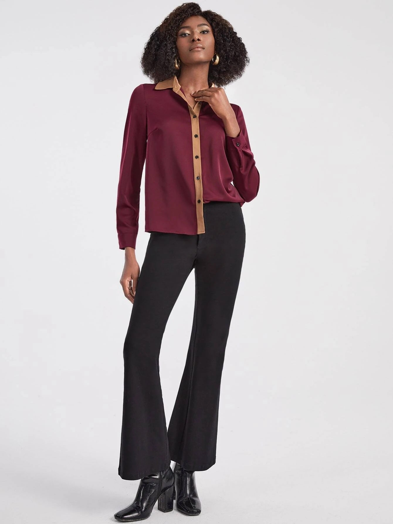 CM-TS460111 Women Elegant Seoul Style Contrast Trim Button Back Shirt - Burgundy