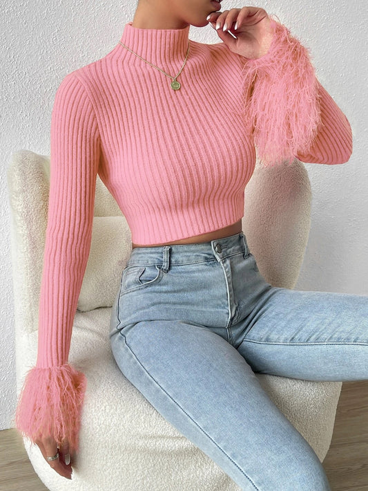 CM-CS944899 Women Casual Seoul Style Mock Neck Fuzzy Cuff Crop Sweater - Pink