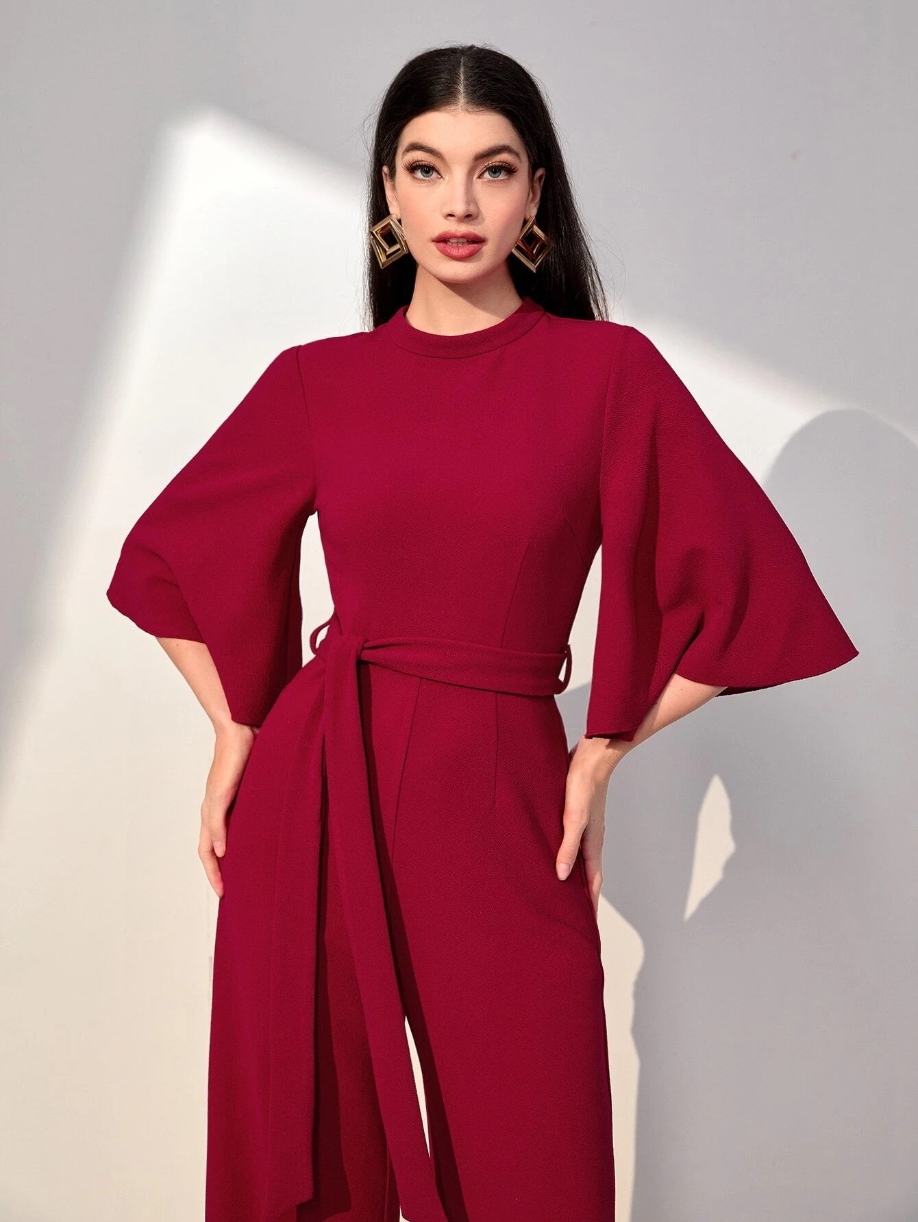 CM-JS124404 Women Elegant Seoul Style Solid Flounce Sleeve Belted Jumpsuit - Burgundy