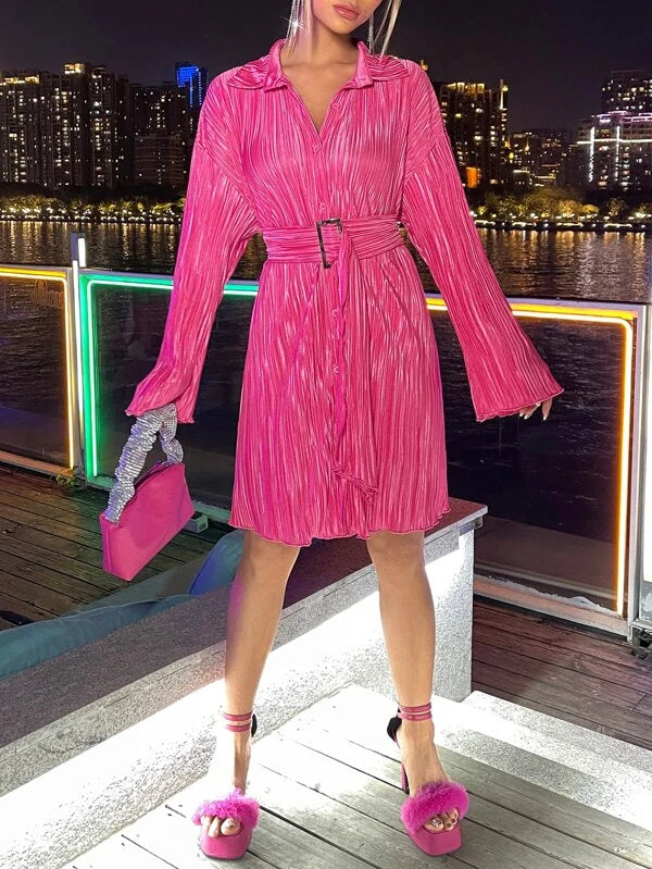 CM-DS384177 Women Elegant Seoul Style Drop Shoulder Belted Shirt Dress