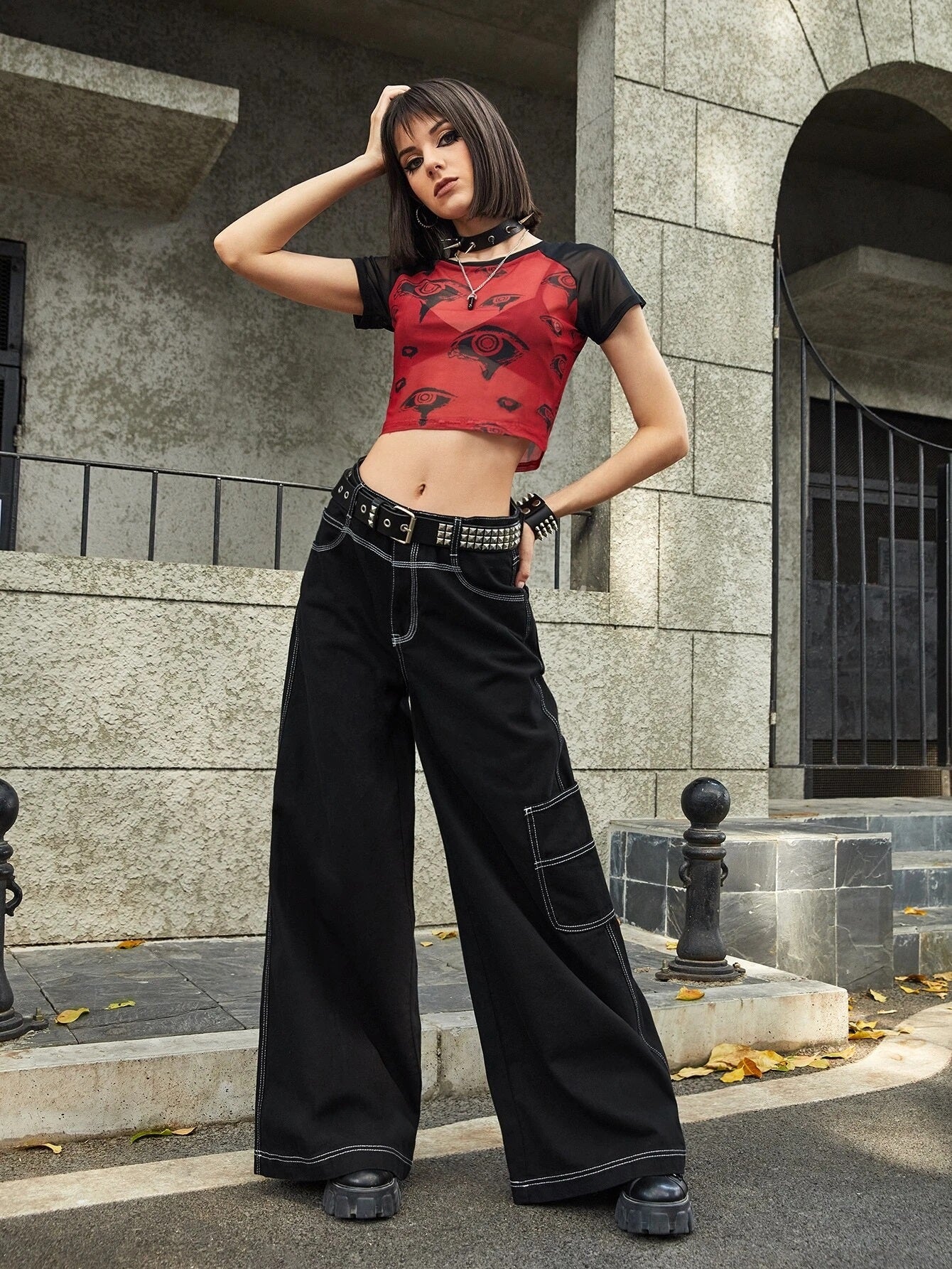 CM-BS971979 Women Preppy Seoul Style Grunge Punk Solid Wide Leg Jeans - Black