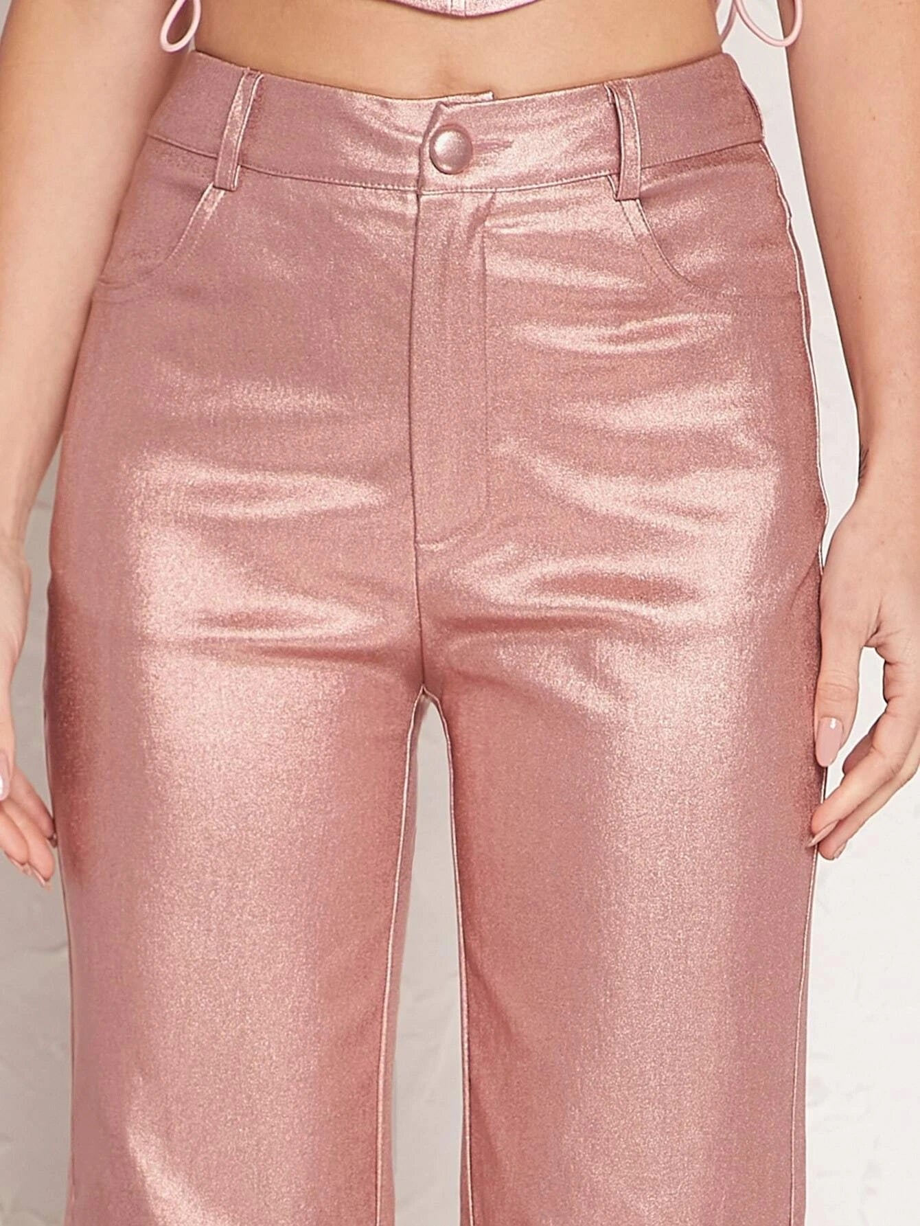 CM-BS609672 Women Elegant Seoul Style High Waist Straight Leg PU Leather Pants - Dusty Pink