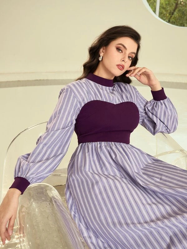 CM-DS671242 Women Casual Seoul Style Striped Mock Neck Lantern Sleeve Dress - Purple