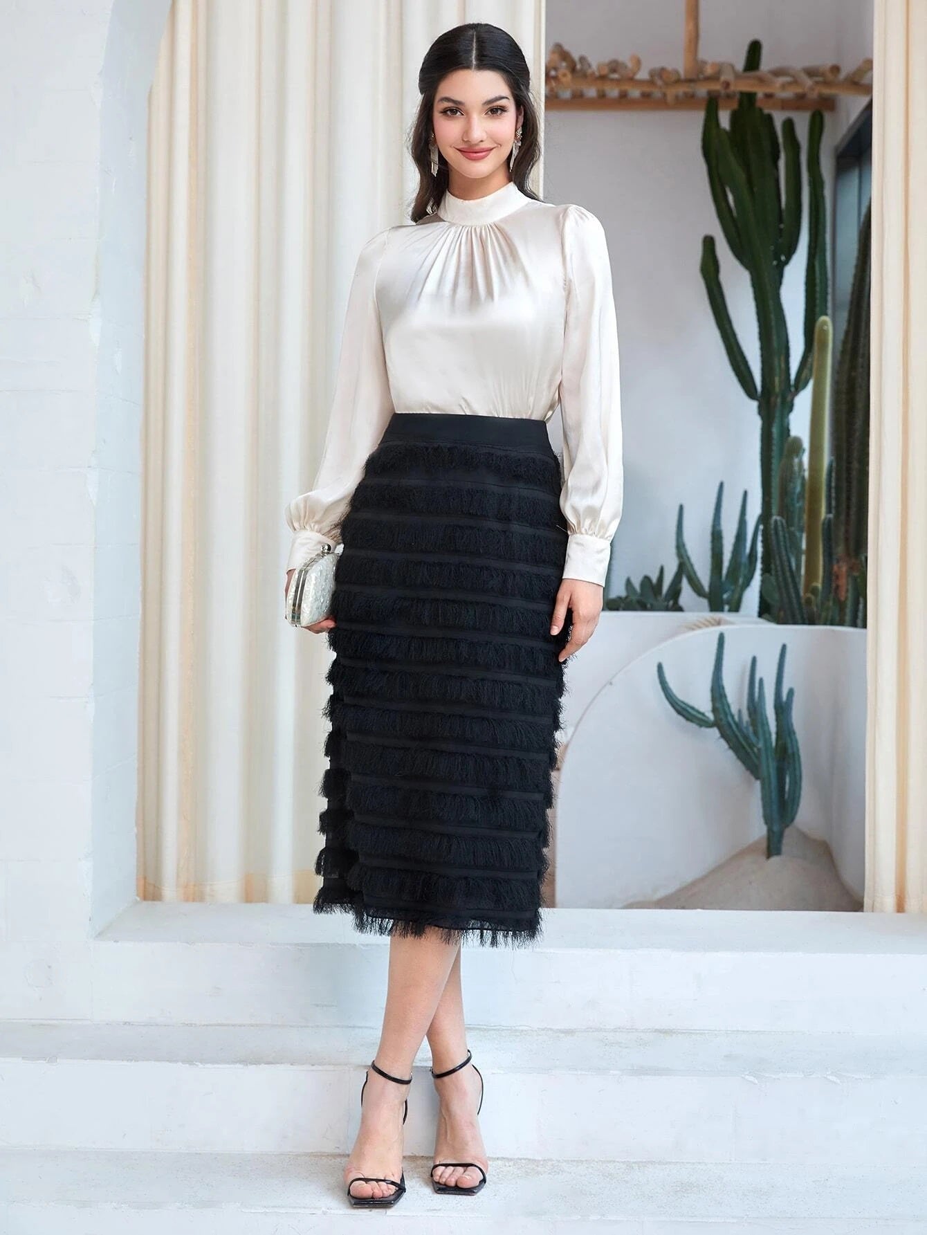 CM-BS847646 Women Elegant Seoul Style High Waist Fringe Trim Skirt - Black