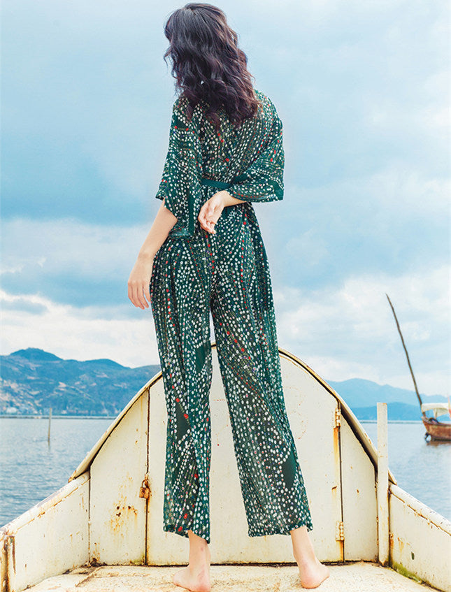 CM-JF011716 Women Casual Bohemian Style Tie Waist Wide-Leg Floral Chiffon Jumpsuit - Green