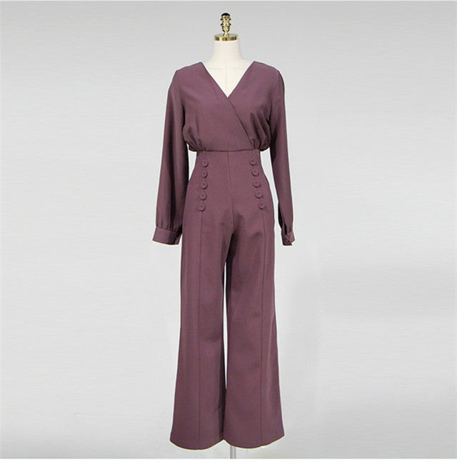 CM-JF030511 Women High Quality Seoul Style V-Neck Double-Breasted Slim Long Jumpsuit