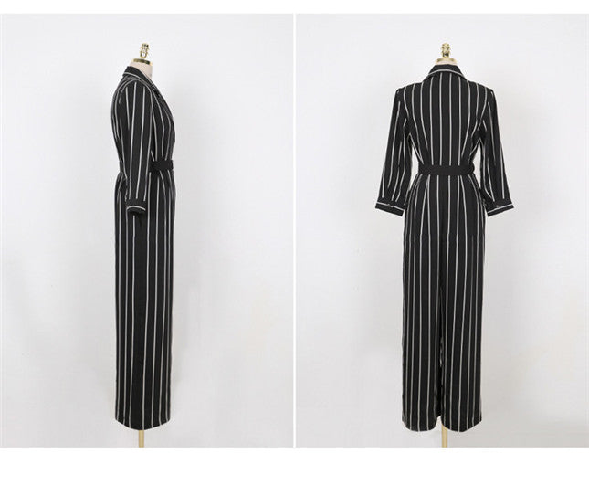 CM-JF040712 Women Elegant Seoul Style Long Sleeve Tailored Collar Stripes Long Jumpsuit