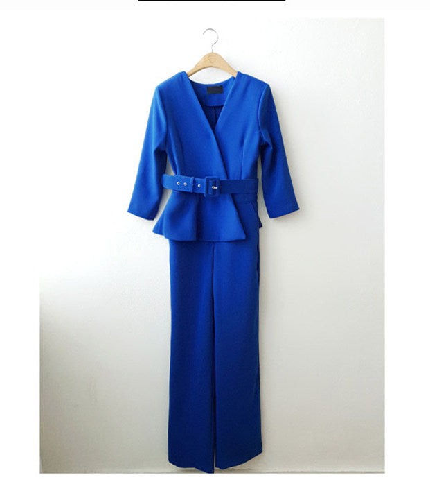 CM-JF041207 Women Elegant Seoul Style Flouncing High Waist Slim Long Jumpsuit - Blue