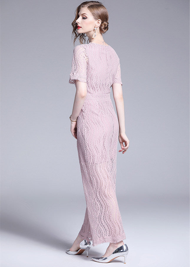 CM-JF053004 Women Casual European Style Tie Waist Wide-Leg Lace Long Jumpsuit - Pink