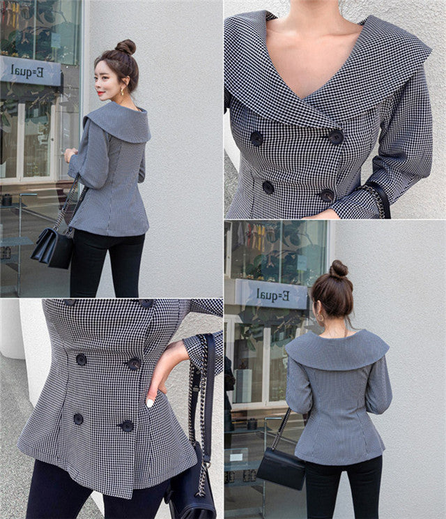 CM-CF091727 Women Elegant Seoul Style Autumn Double-Breasted Doll Collar Plaids Short Coat