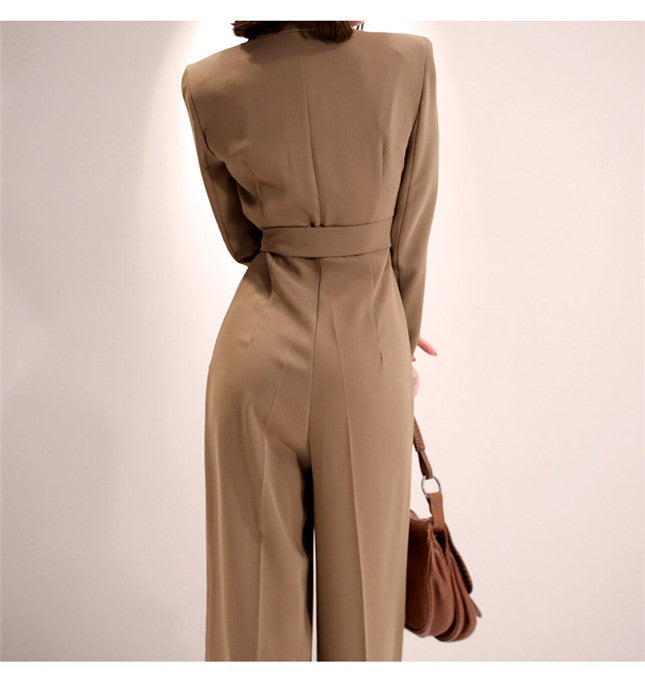 CM-JF092426 Women Elegant European Style Tailored Collar High Waist Wide-Leg Jumpsuit