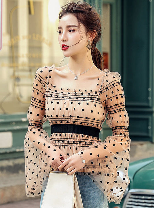 CM-TF010410 Women Lovely Seoul Style Square Collar Dots Gauze Flare Sleeve Blouse