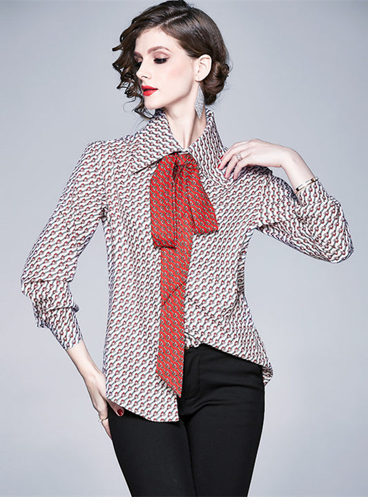 CM-TF010515 Women Casual European Style Doll Collar Tie Bowknot Floral Loosen Blouse