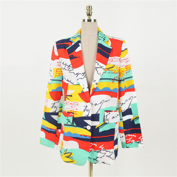 CM-CF010721 Women Trendy Street Style Tailored Collar Long Sleeve Printings Jacket