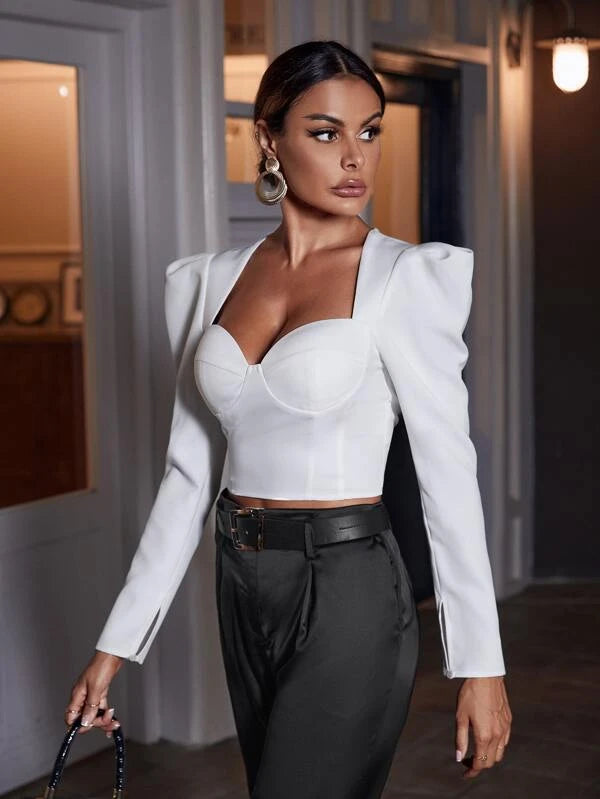CM-TS505547 Women Elegant Seoul Style Sweetheart Neck Gigot Sleeve Crop Blouse - White