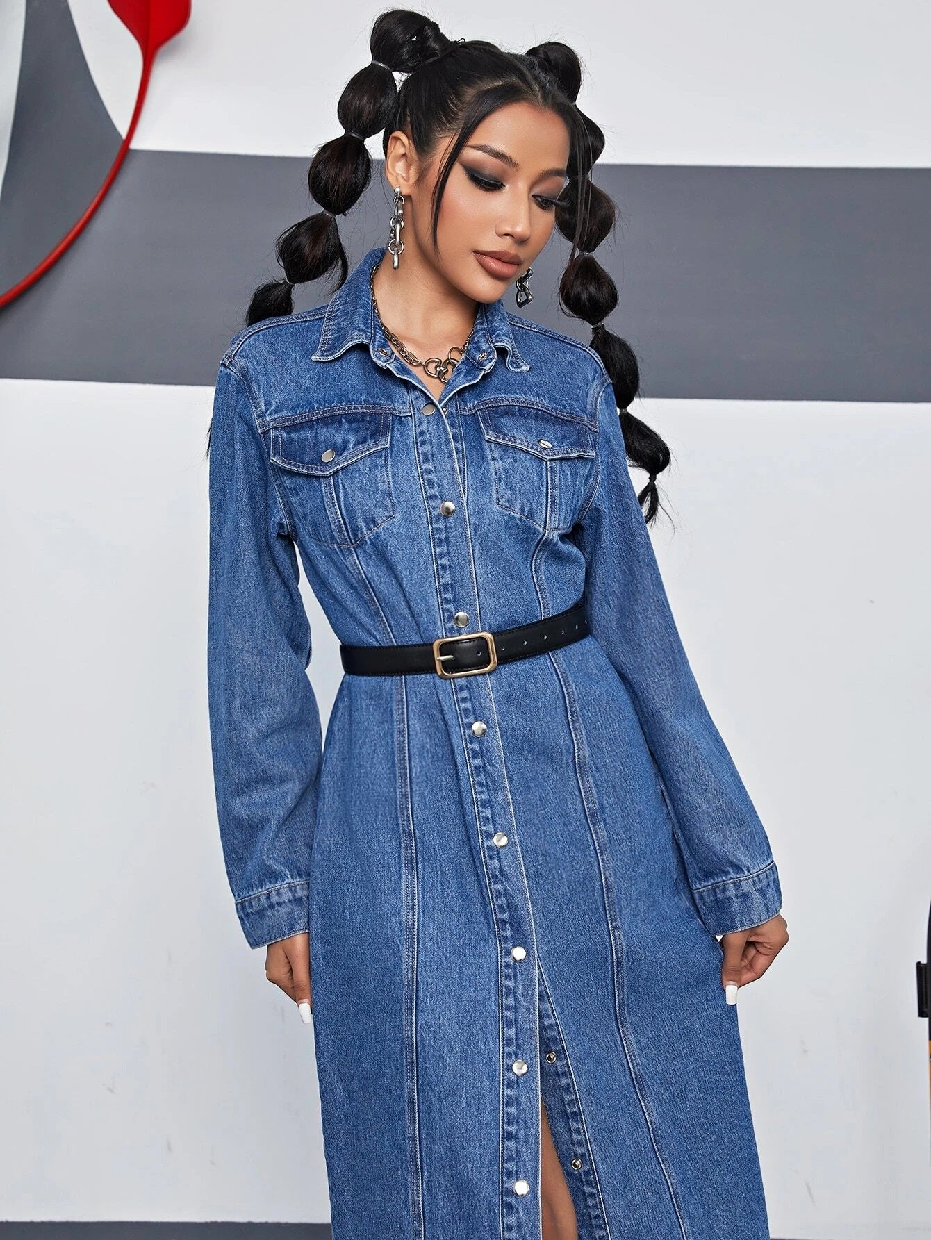 CM-DS932393 Women Preppy Seoul Style Dark Wash Flap Pocket Button Front Denim Dress
