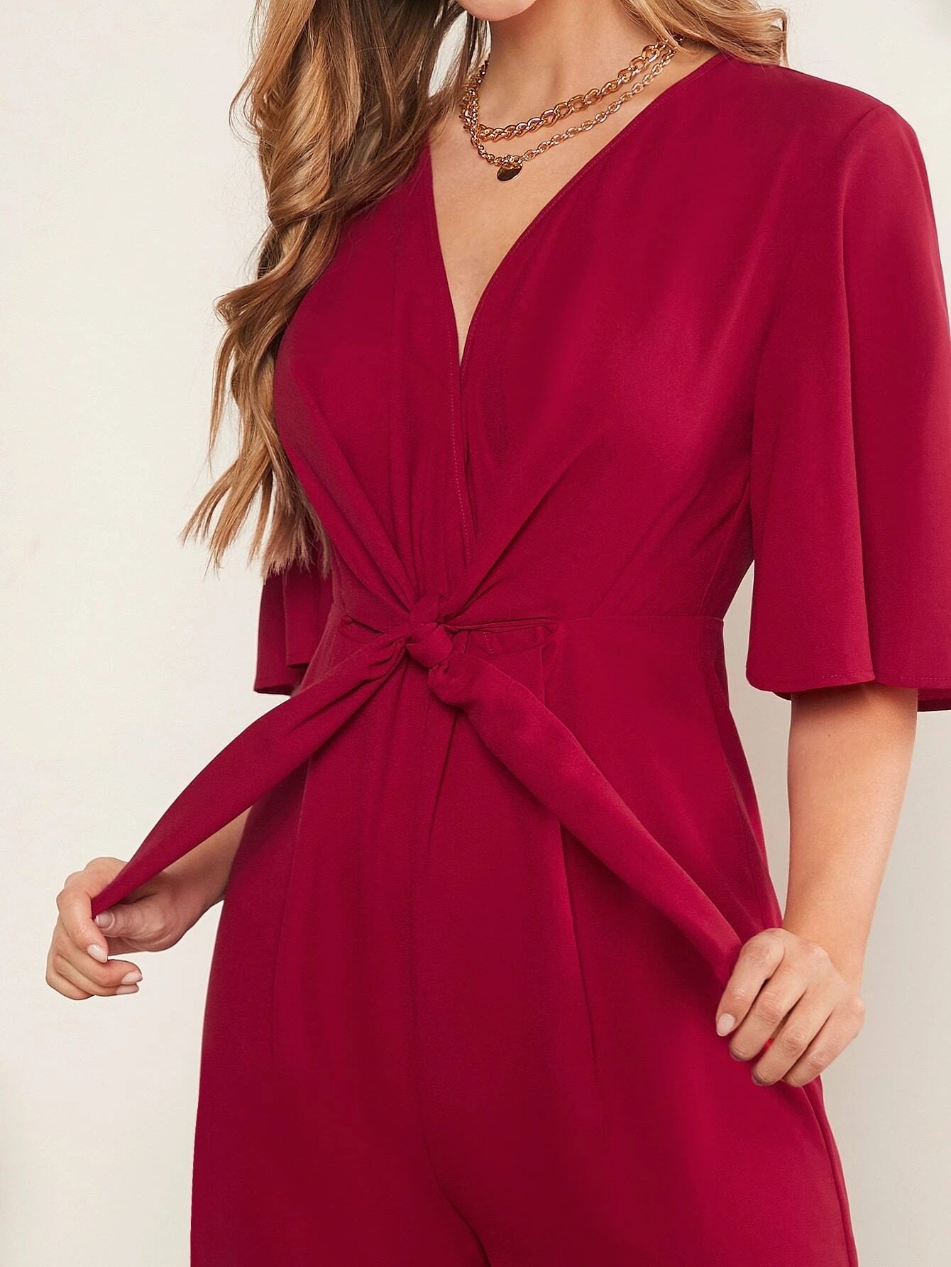 CM-JS507627 Women Casual Seoul Style Surplice Neck Tie Waist Wide Leg Jumpsuit - Burgundy