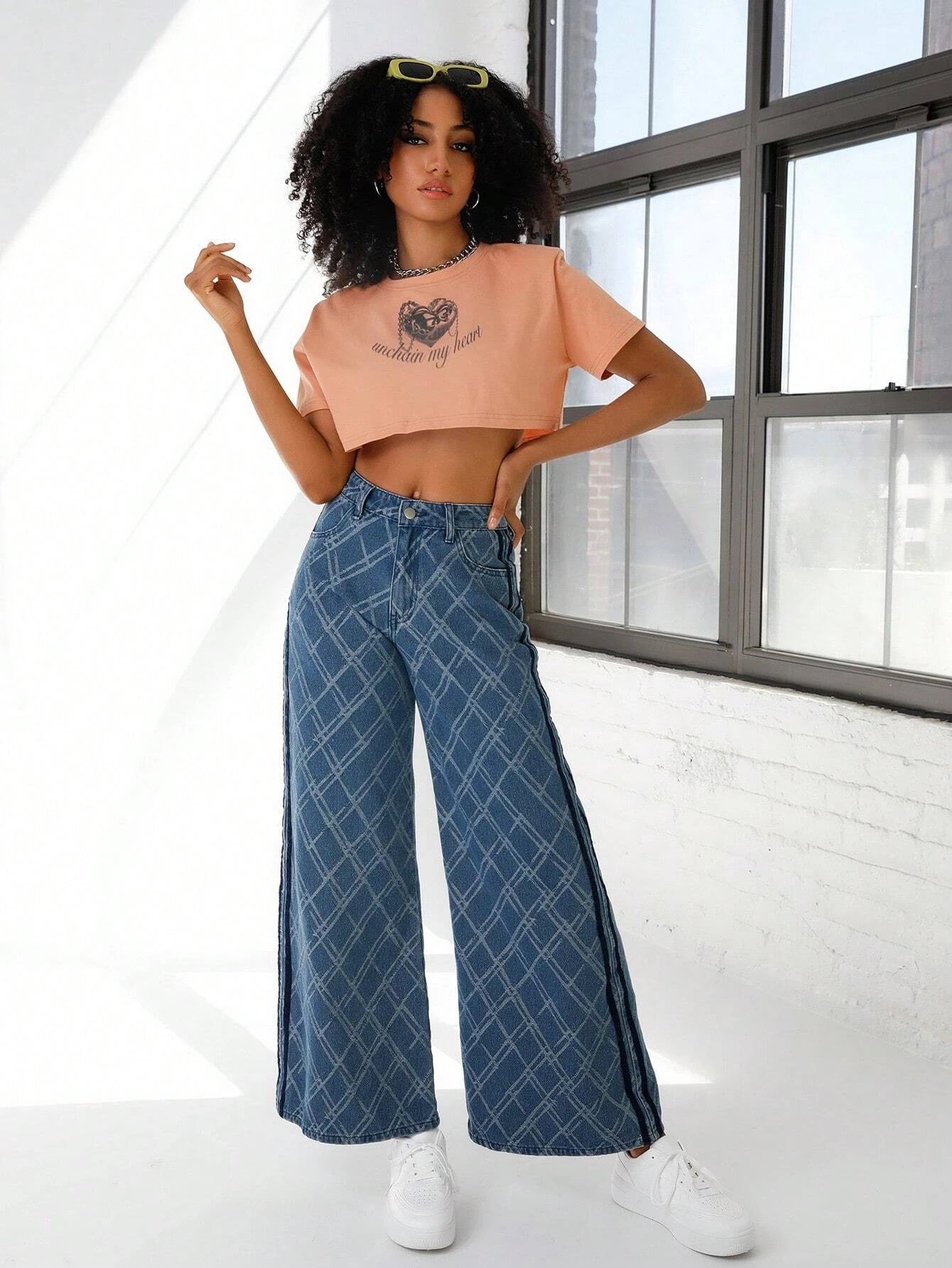 CM-BS353786 Women Preppy Seoul Style Medium Wash Geometric Print Wide Leg Jeans