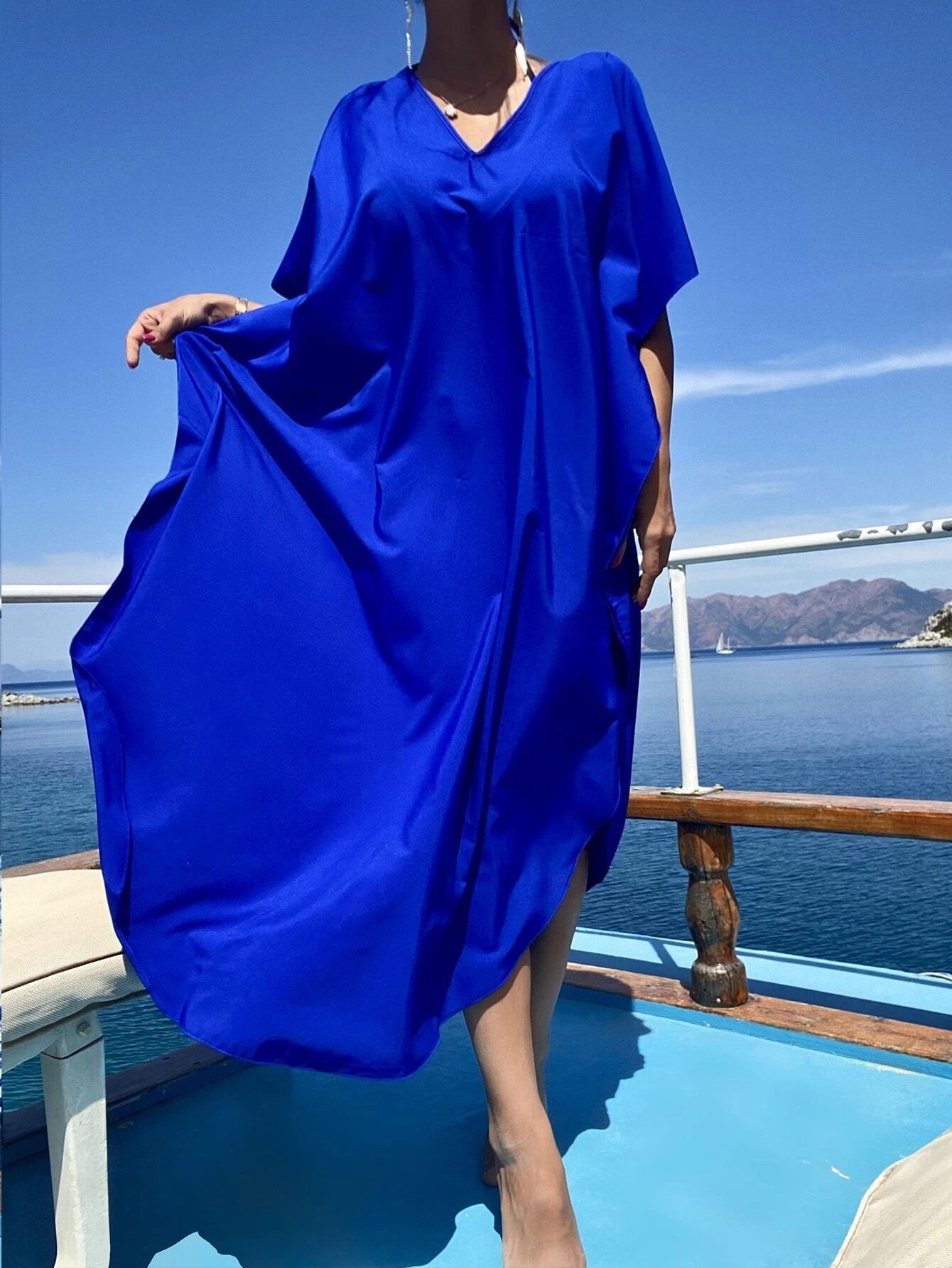 CM-SWS000301 Women Trendy Bohemian Style Solid Batwing Sleeve Cover Up Dress - Royal Blue