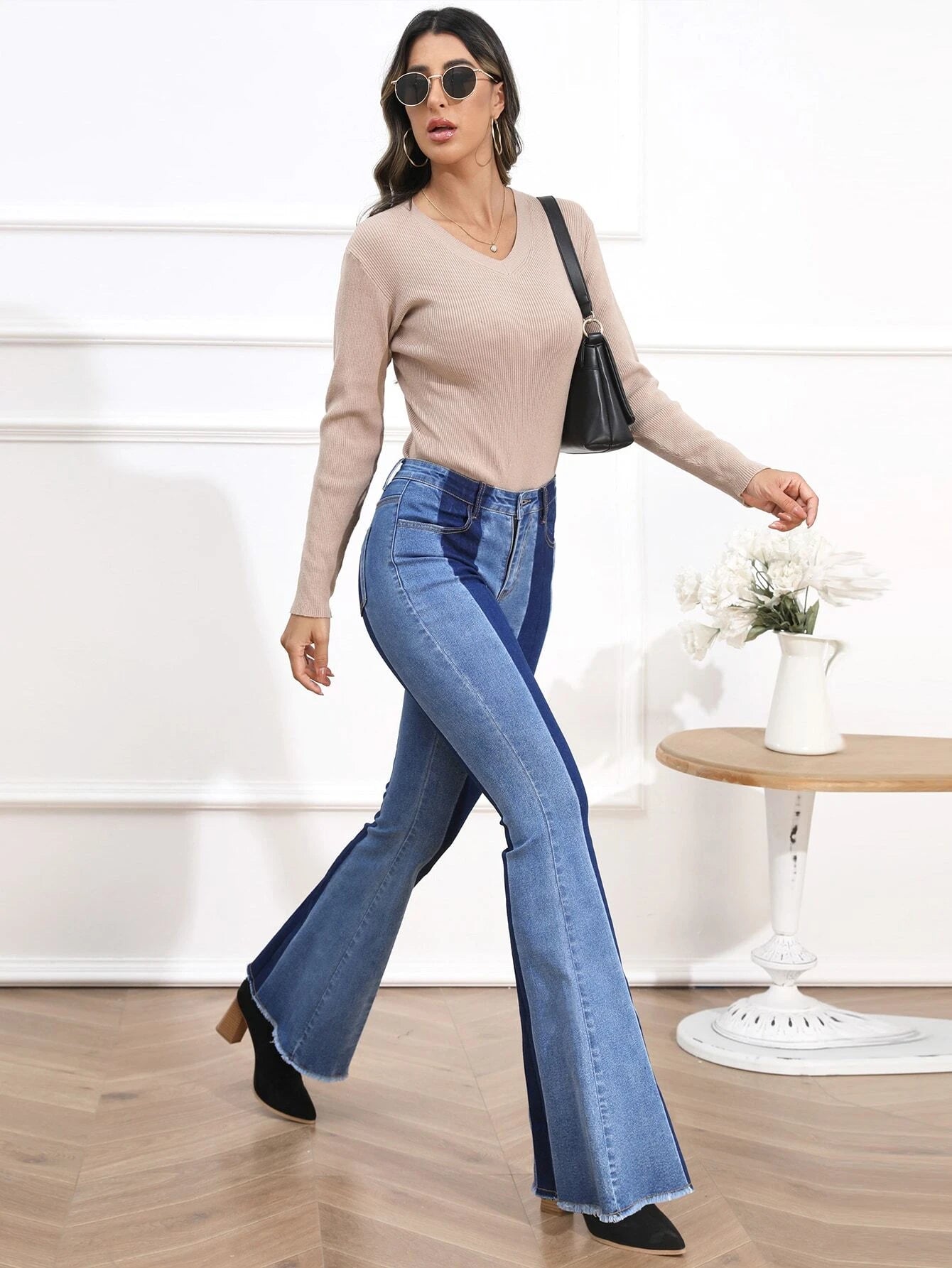 CM-BS846814 Women Preppy Seoul Style High Waist Colorblock Raw Hem Flare Leg Jeans