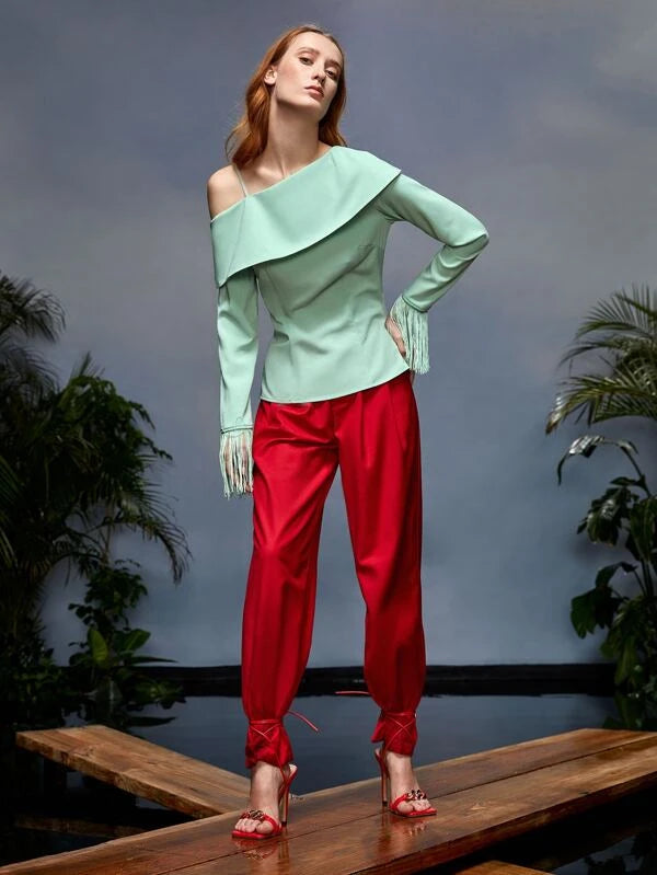 CM-TS521195 Women Elegant Seoul Style Asymmetrical Neck Fringe Trim Top - Mint Green