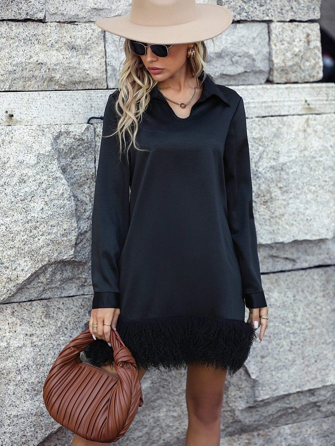 CM-DS098728 Women Elegant Seoul Style Collar Neckline Solid Fuzzy Hem Tunic Dress - Black
