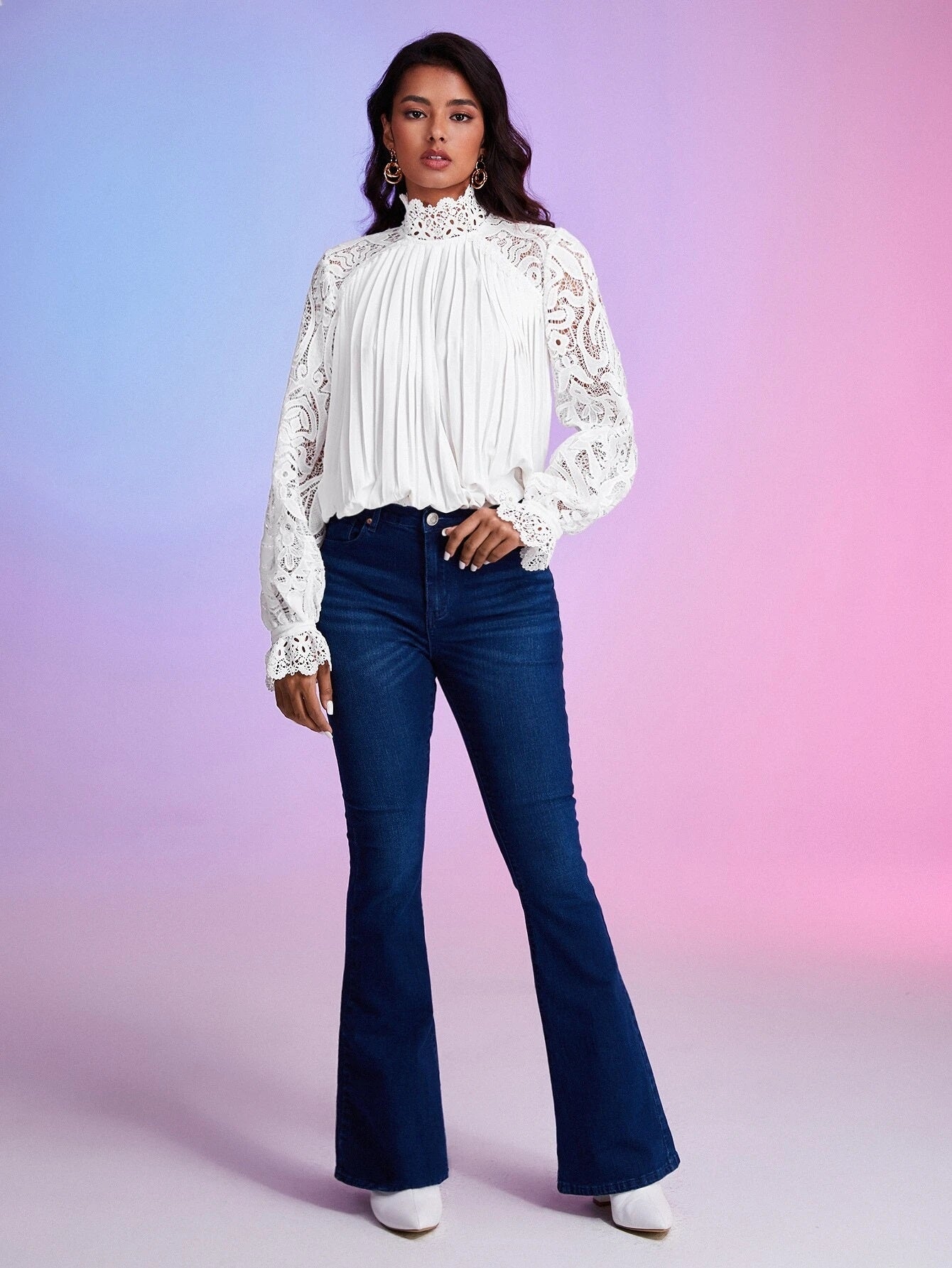 CM-TS971073 Women Elegant Seoul Style Contrast Lace Flounce Sleeve Pleated Detail Blouse