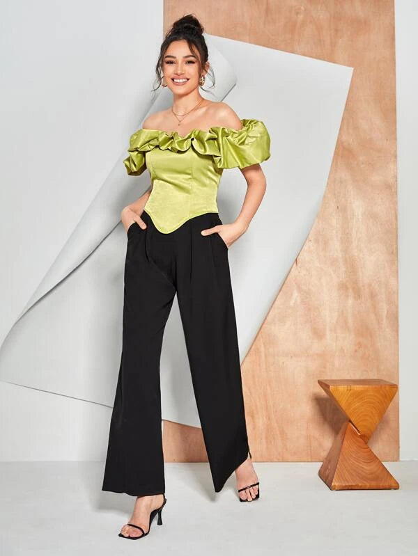 CM-TS761361 Women Elegant Seoul Style Off Shoulder Asymmetrical Hem Top - Lime Green