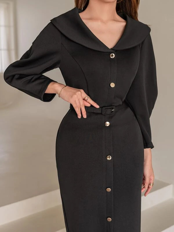 CM-DS354712 Women Elegant Seoul Style Button Front Bishop Sleeve Belted Dress - Black