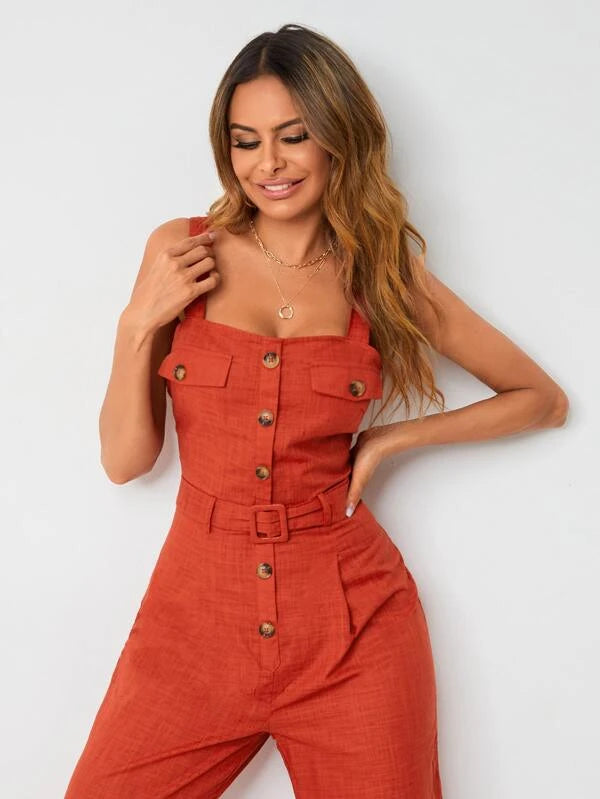 CM-JS038166 Women Trendy Bohemian Style Flap Pocket Detail Buckle Belted Palazzo Jumpsuit