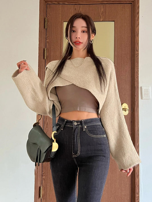CM-CS640228 Women Casual Seoul Style Solid Crossover Crop Sweater - Khaki