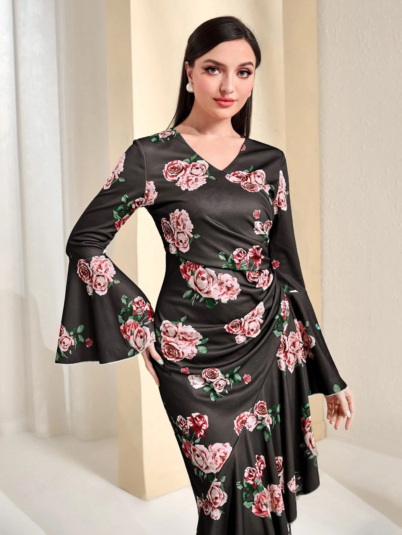 CM-DS991899 Women Elegant Seoul Style Floral Print Flounce Sleeve Ruched Ruffle Hem Dress