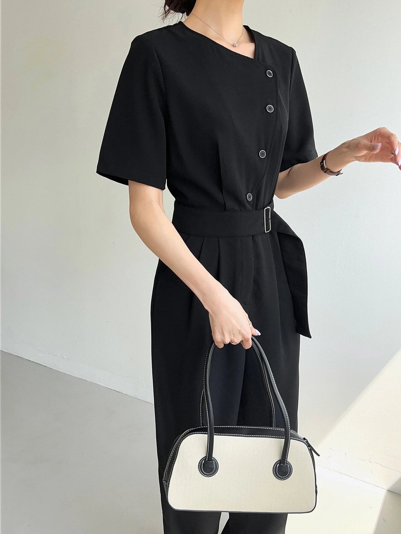 CM-JS205721 Women Casual Seoul Style Solid Button Front Slant Pocket Buckle Jumpsuit