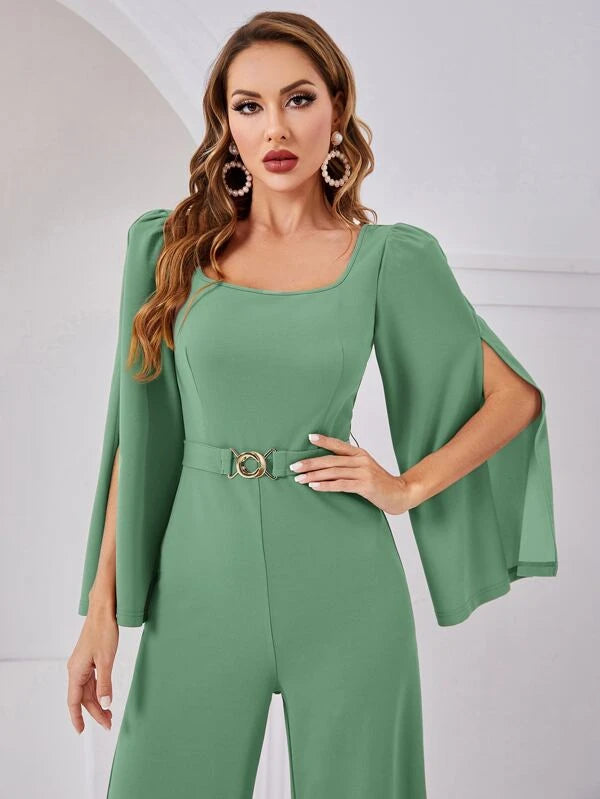 CM-JS699739 Women Elegant Seoul Style Split Sleeve Wide Leg Belted Jumpsuit - Mint Green