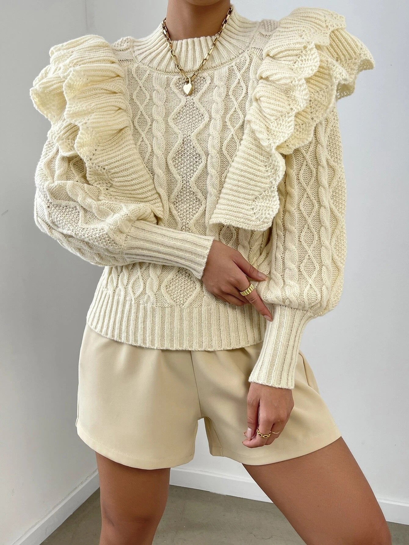 CM-CS500985 Women Casual Seoul Style Cable Knit Ruffle Trim Lantern Sleeve Sweater - Beige