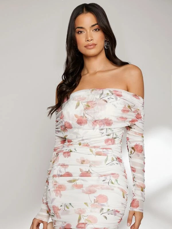 CM-DS527950 Women Elegant Seoul Style Floral Print Off Shoulder Ruched Dress - White