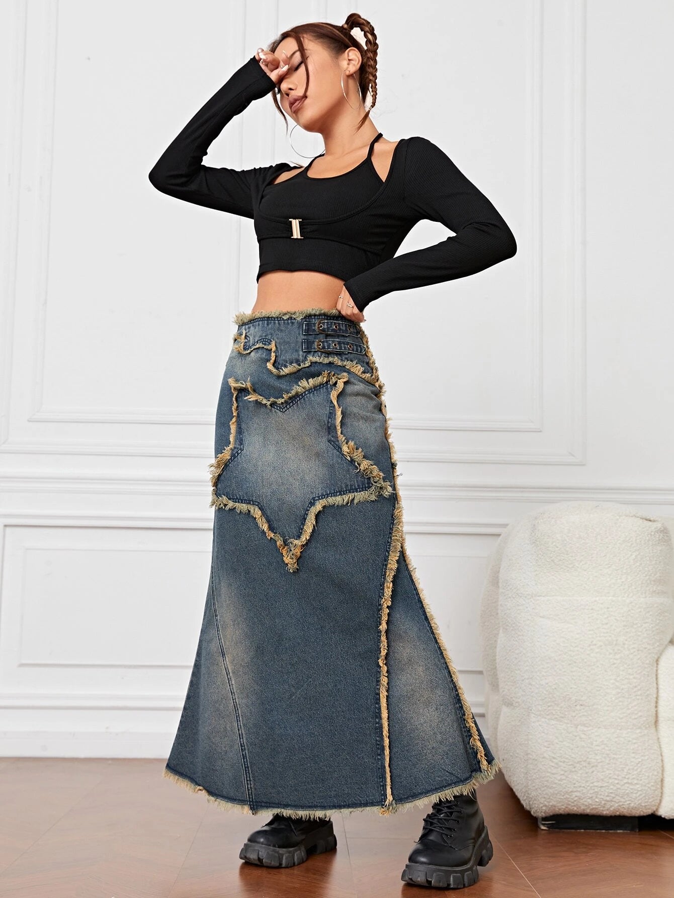 CM-BS771849 Women Preppy Seoul Style Dark Wash Raw Trim Mermaid Denim Skirt