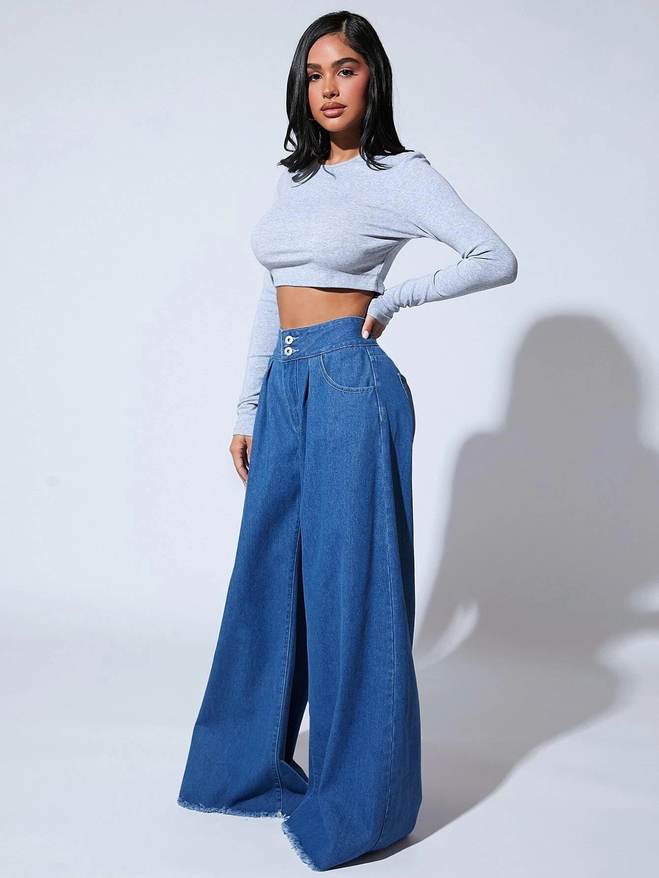 CM-BS478811 Women Preppy Seoul Style Medium Wash Raw Hem Wide Leg Jeans