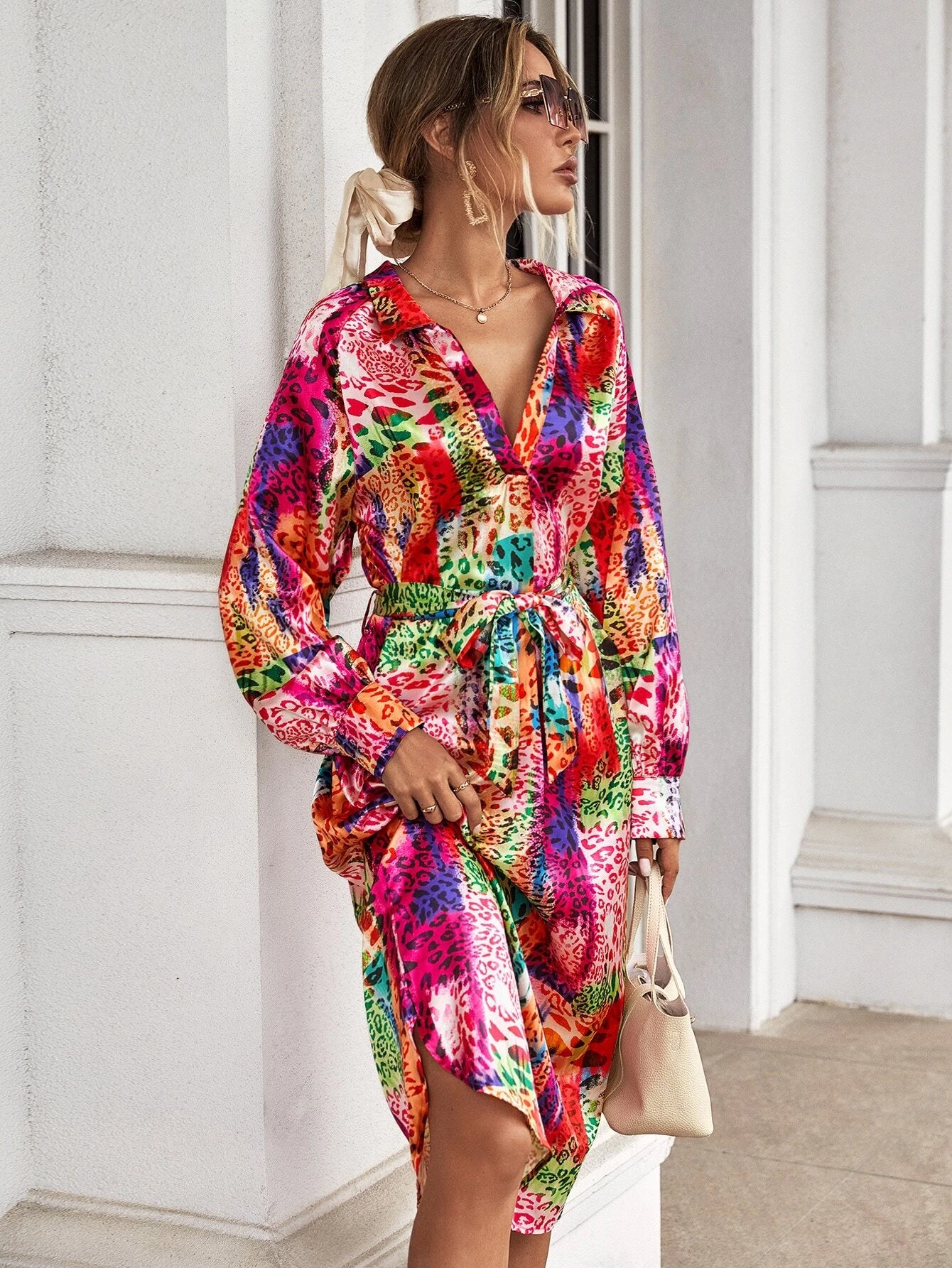 CM-DS842711 Women Casual Seoul Style Allover Print Lantern Sleeve Belted Tunic Dress