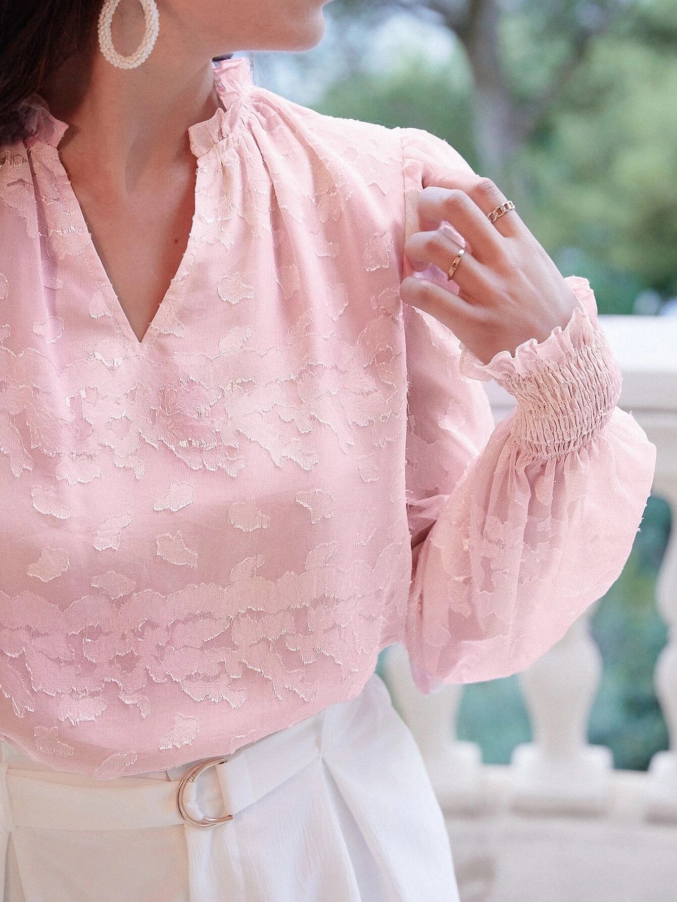 CM-TS519250 Women Casual Seoul Style Notched Neck Frill Trim Jacquard Appliques Chiffon Top