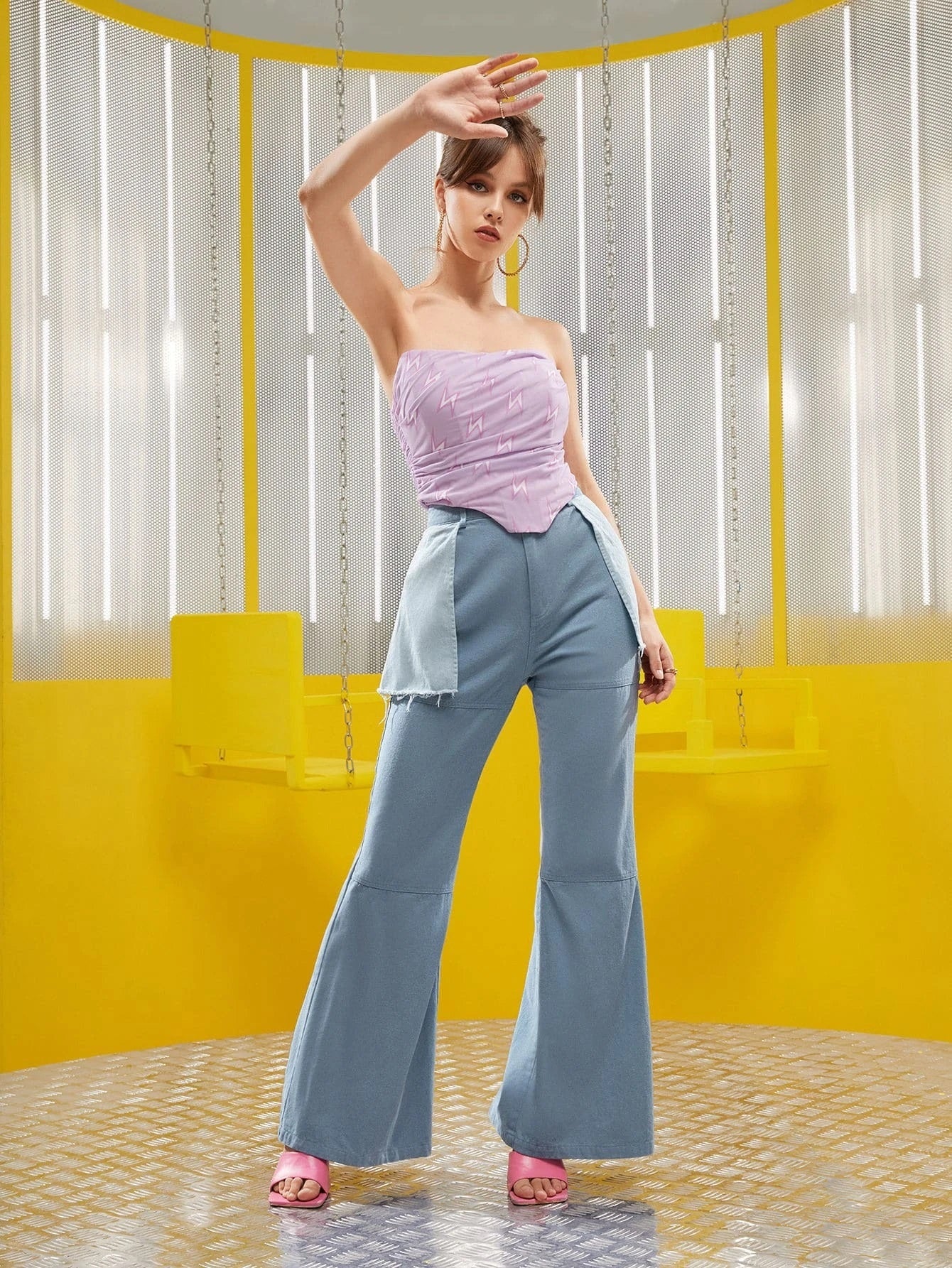 CM-BS691769 Women Elegant Seoul Style Frayed Trim Rag Stitching Flare Leg Pants - Dusty Blue