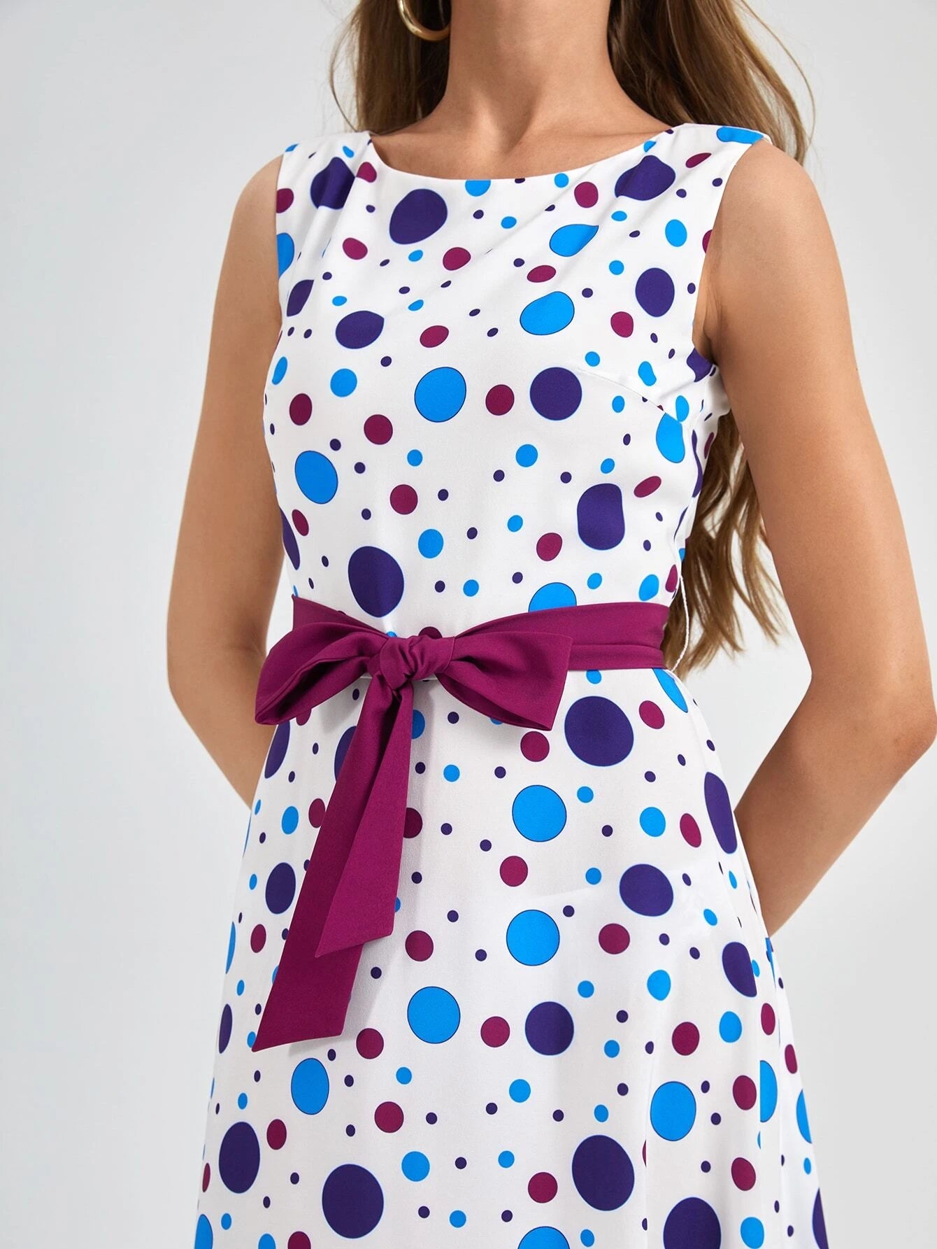 CM-DS833543 Women Elegant Seoul Style Sleeveless Polka Dot Belted A-Line Dress