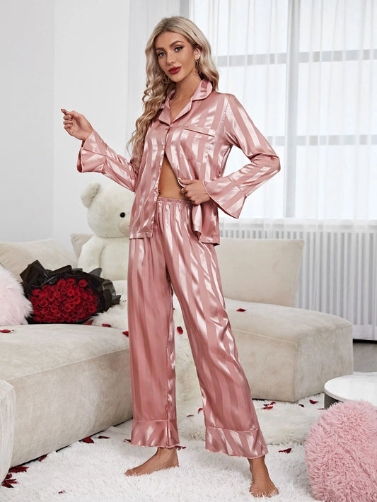 CM-LS058743 Women Trendy Seoul Style Striped Jacquard Contrast Piping Satin Pajama Set