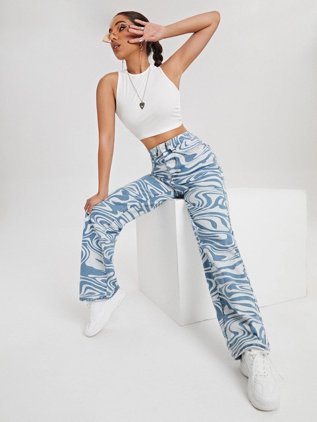 CM-BS115482 Women Preppy Seoul Style High Waist All Over Print Wide Leg Jeans - Blue