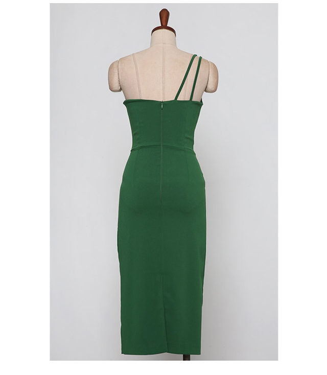 CM-DS040616 Women Casual Seoul Style Sleeveless Off Shoulder Straps Bodycon Dress - Green
