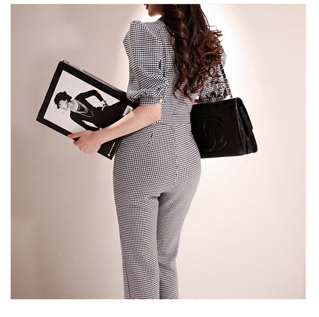 CM-JF042813 Women Elegant Seoul Style Double-Breasted High Waist Houndstooth Long Jumpsuit